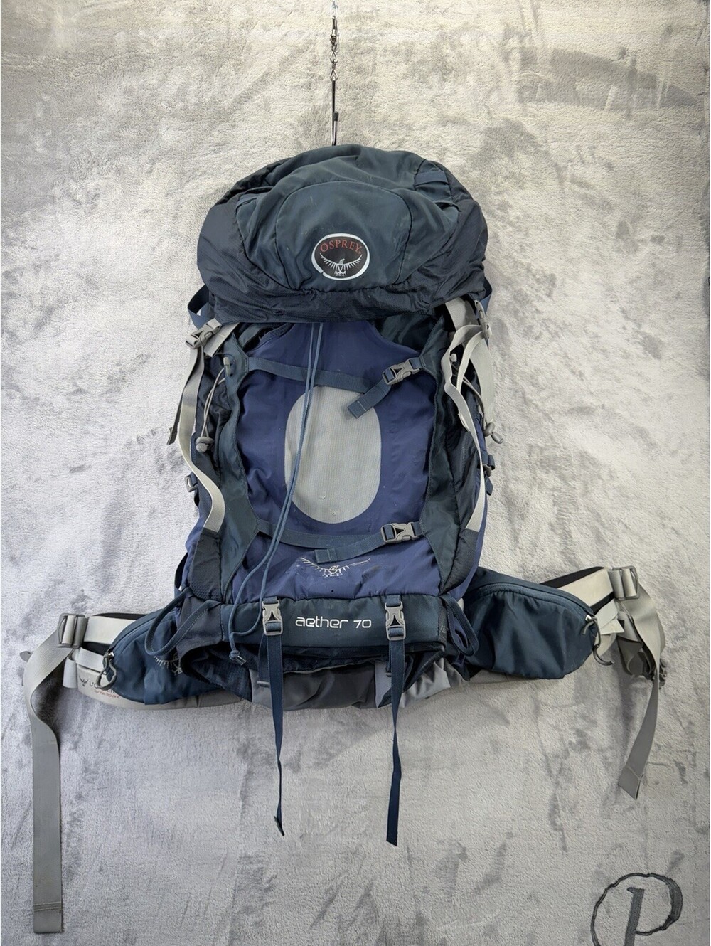 Osprey Aether 70 Hiking Backpack Blue Gray Nylon Internal Frame Rucksack Large